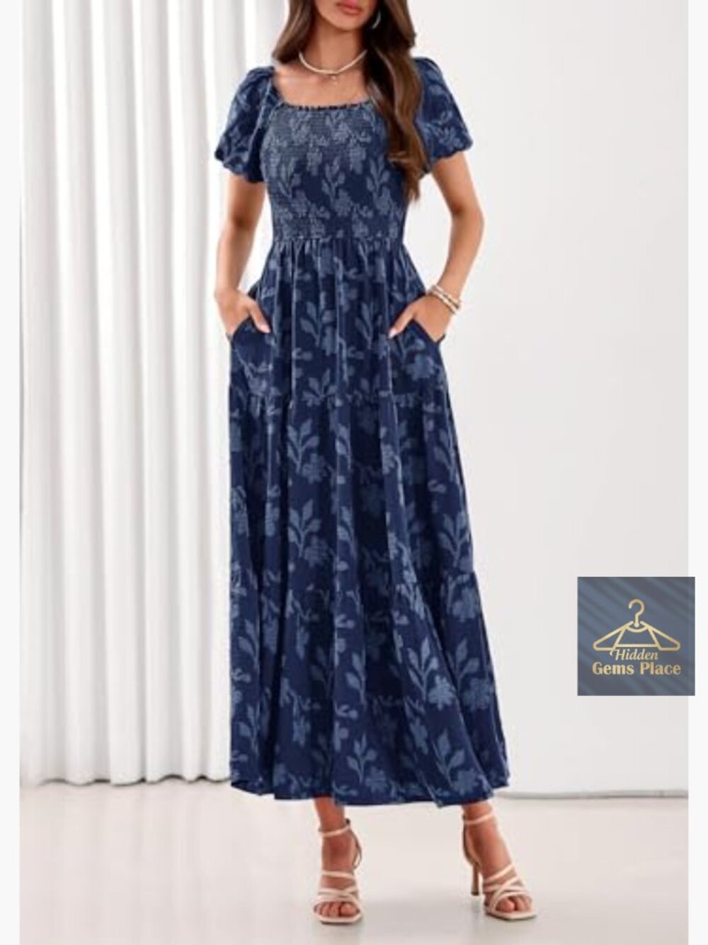 Boho Maxi Dress Floral Short Sleeve Square Neck Smocked Flowy Long Vacation - Picture 6 of 7